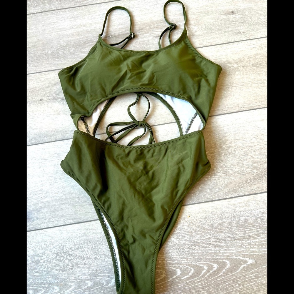 Unbranded olive cut out tie swim suit one piece large